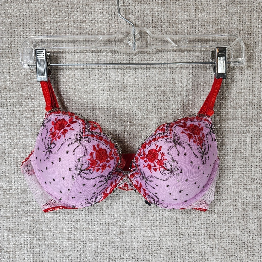 Victorias Secret Push-Up Bra Womens 36B Underwire Pink Lace Embroidered EUC